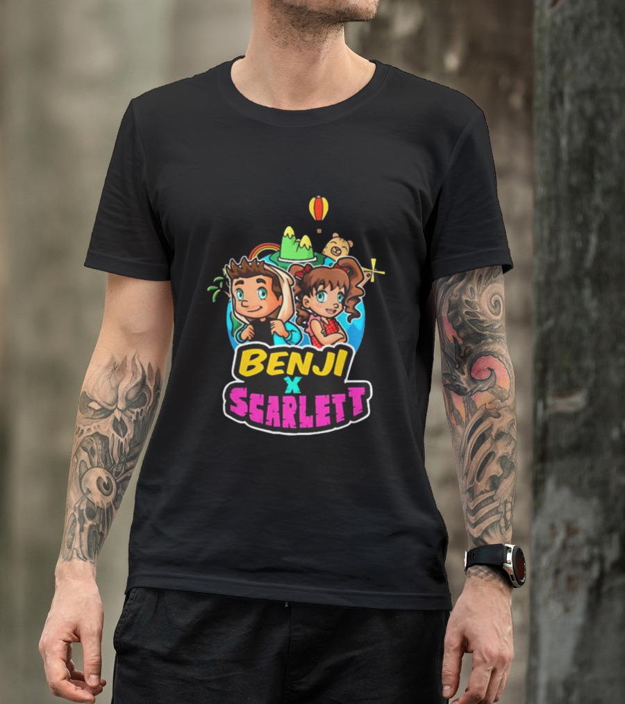 Benji X Scarlett Adventure Cartoon Style Balloon Island Teddy Bear T-Shirt