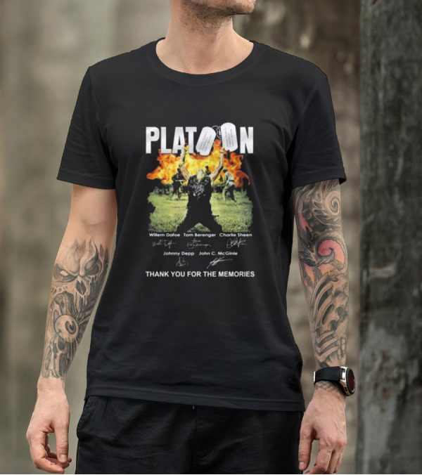 Platoon Thank You For The Memories Signatures Willem Dafoe Tom Berenger Charlie Sheen Johnny Depp John C. McGinley T-Shirt