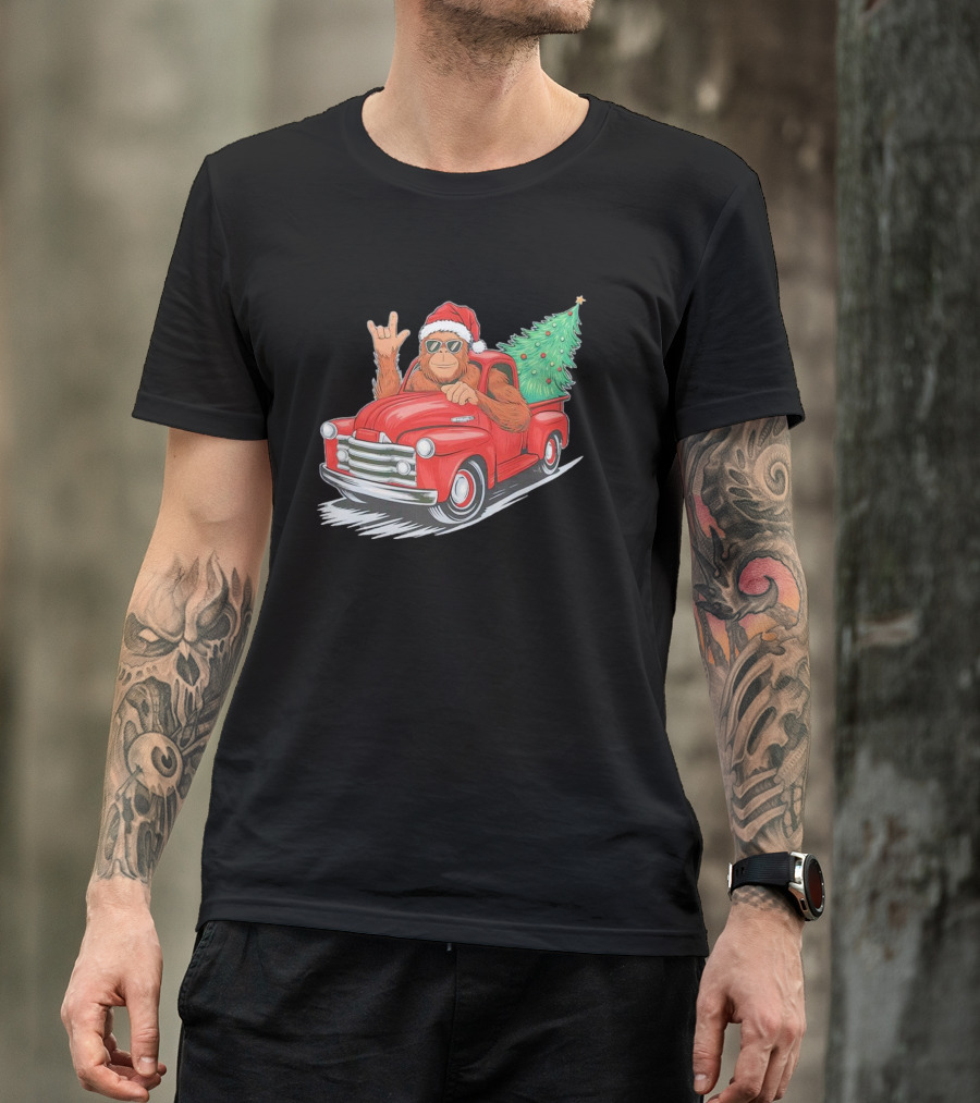 Bigfoot Rock On Santa Hat Christmas Tree Driving Red Truck T-Shirt