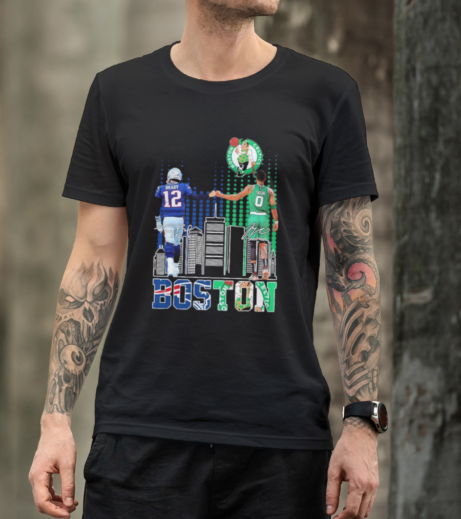 Boston Patriots And Celtics Skyline Featuring Tom Brady And Jayson Tatum Signatures T-Shirt