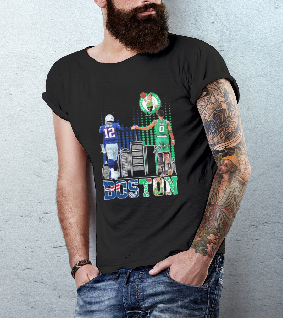 Boston Patriots And Celtics Skyline Featuring Tom Brady And Jayson Tatum Signatures T-Shirt