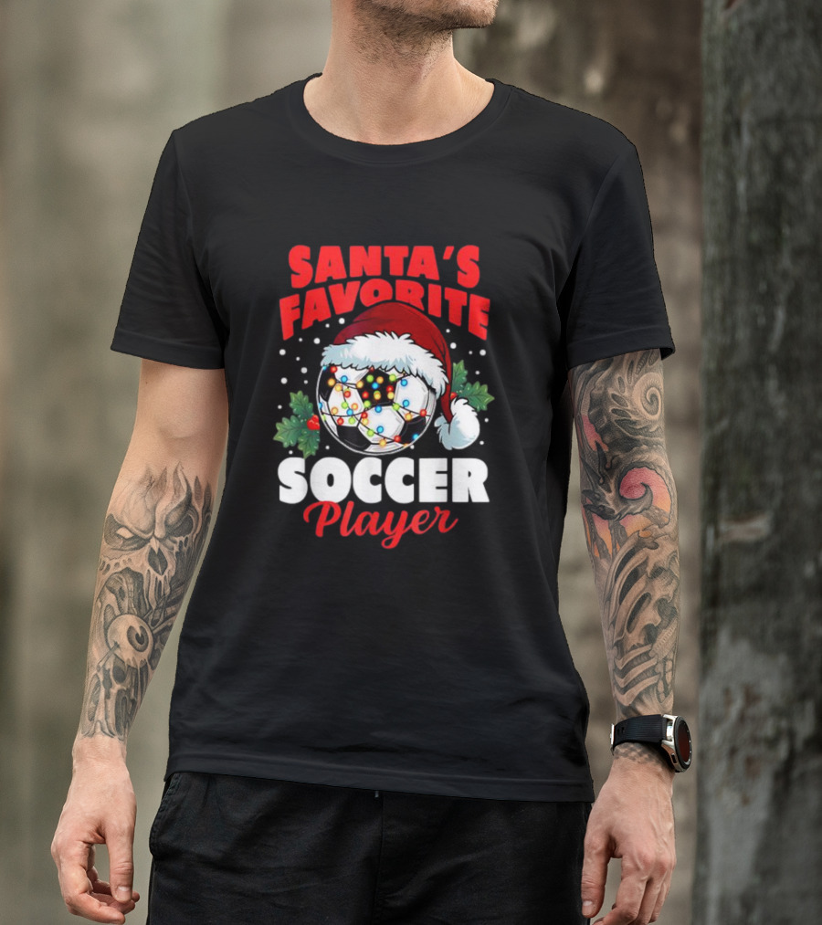 Santa's Favorite Soccer Player Christmas Pajama Xmas Soccer Ball And Santa Hat T-Shirt