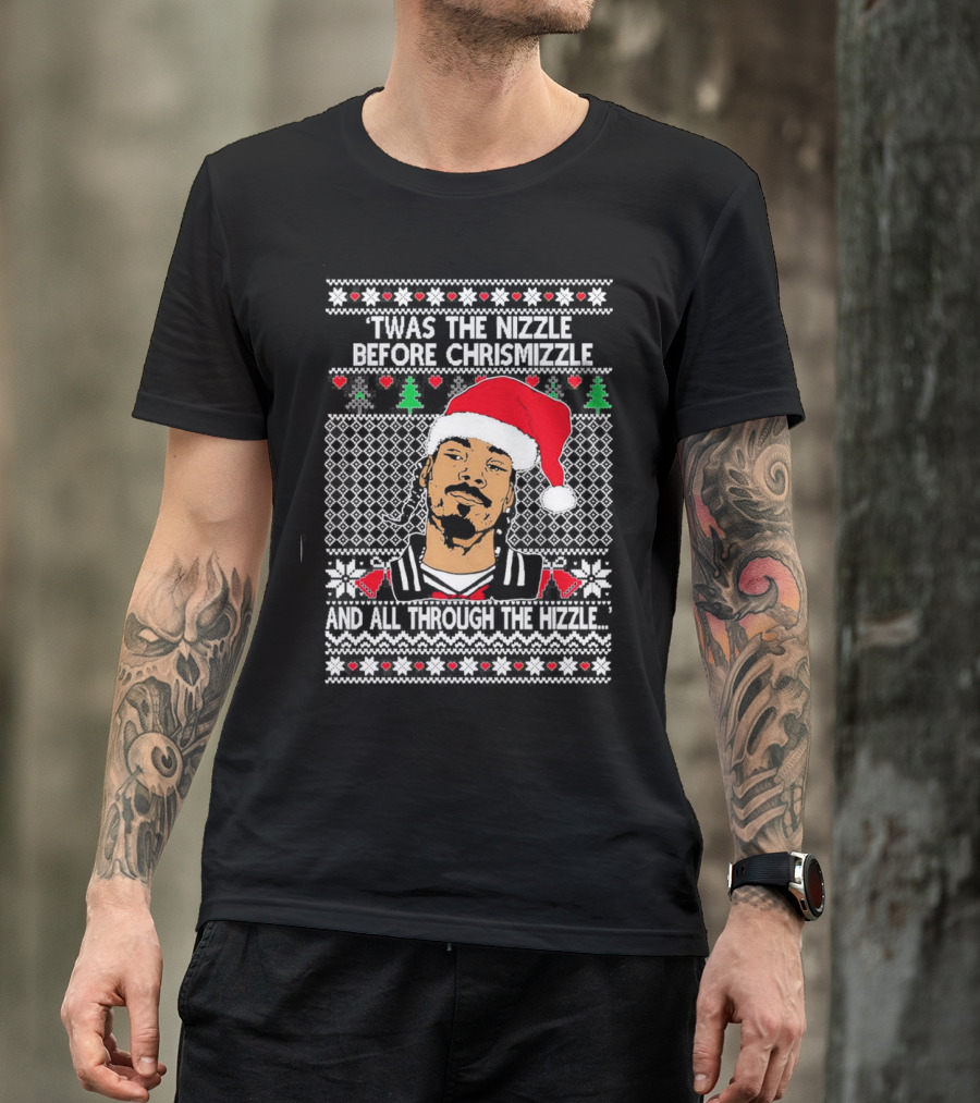 Snoop Dogg Twas The Nizzle Before Chrismizzle Santa Hat Pattern Christmas T-Shirt