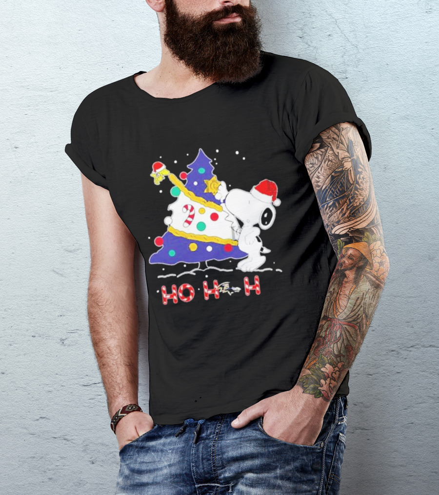 Ho Ho Ho Snoopy Woodstock Christmas Tree Baltimore Ravens T-Shirt