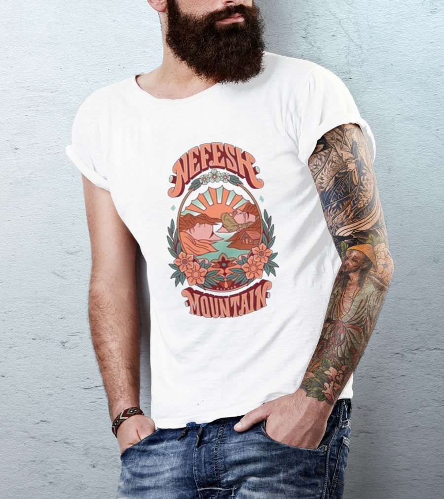 Nefesh Mountain Sunrise Scene With Cabin And Flowers T-Shirt