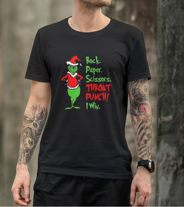 Grinch Rock Paper Scissors Throat Punch I Win Merry Christmas T-Shirt