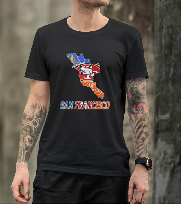 San Francisco Bay Bridge And Sports Teams Logos Map T-Shirt