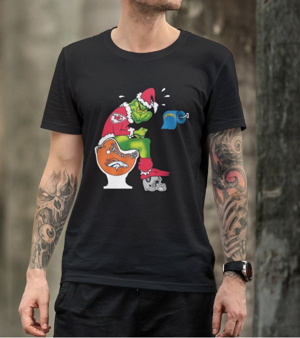 The Grinch On Toilet Kansas City Chiefs, Denver Broncos, Oakland Raiders, Chargers Christmas T-Shirt