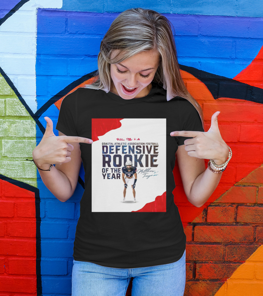 Coastal Athletic Association Football Defensive Rookie Of The Year Matthew Traynor Signature Richmond #2 Red Blue White Football Graphics T-Shirt