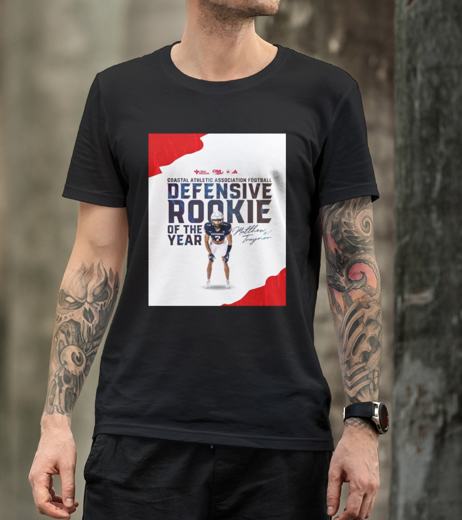 Coastal Athletic Association Football Defensive Rookie Of The Year Matthew Traynor Signature Richmond #2 Red Blue White Football Graphics T-Shirt