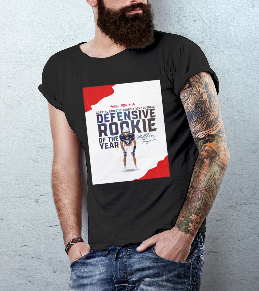 Coastal Athletic Association Football Defensive Rookie Of The Year Matthew Traynor Signature Richmond #2 Red Blue White Football Graphics T-Shirt