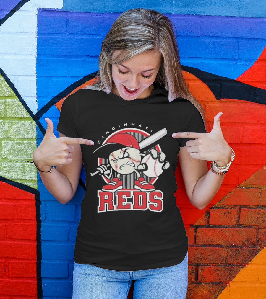 Cincinnati Reds Retro Baseball Character With Cap And Bat T-Shirt