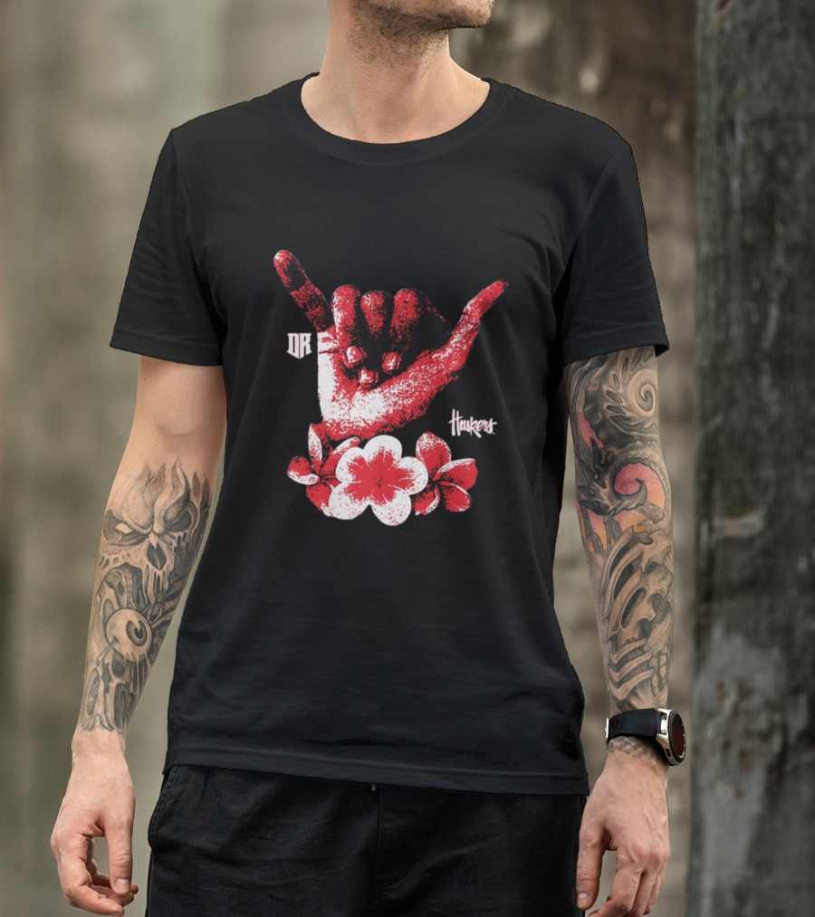 DR Huskers Shaka Hand Red And White Flowers T-Shirt
