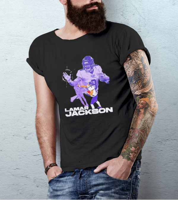 Lamar Jackson Baltimore Ravens NFL Stiff Arm Dynamic Action Play T-Shirt