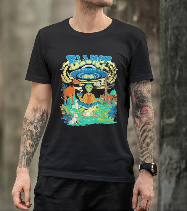 Blunt UFO Alien Smoking Forest Scene T-Shirt