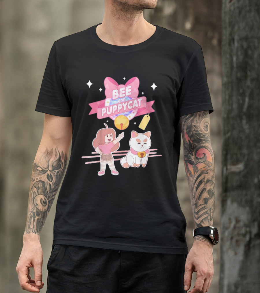 Bee And PuppyCat Cute Cartoon Characters With Pink Bow And Stars T-Shirt