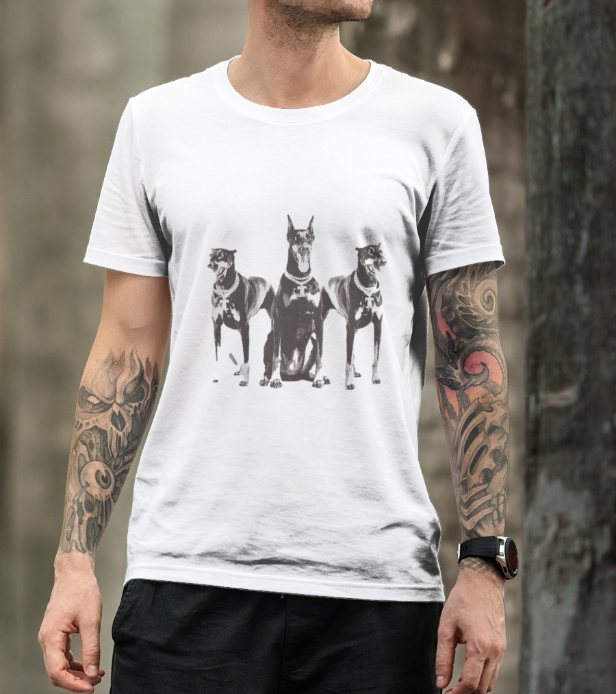 Doberman Dogs Trio In Black And White With Chain Collars T-Shirt