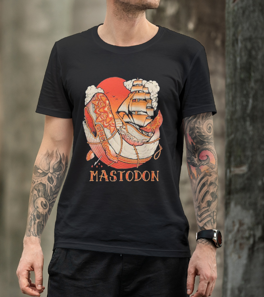 Mastodon Whale Tattoo Ship Against Red Sun T-Shirt