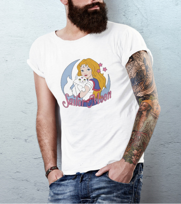 Sailor Moon Holding White Cat With Stars T-Shirt