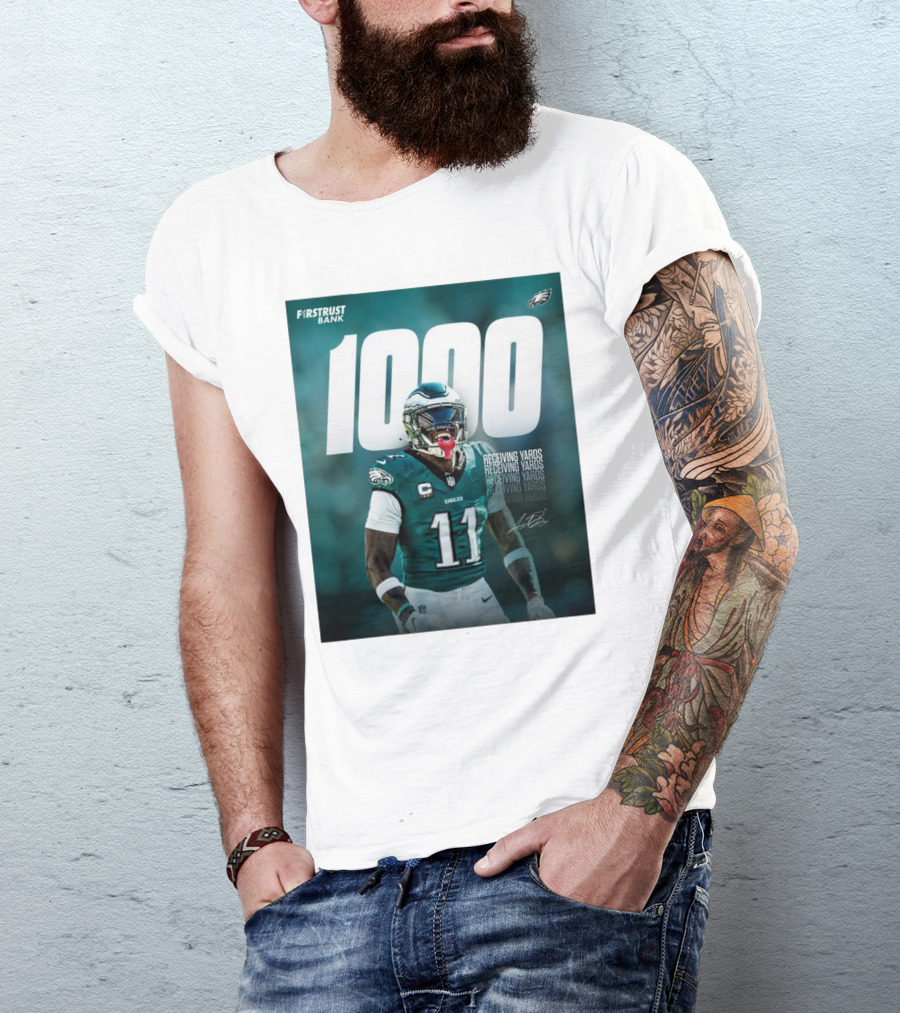 Philadelphia Eagles A.J. Brown 1000 Receiving Yards Signature Fly Eagles Fly NFL T-Shirt