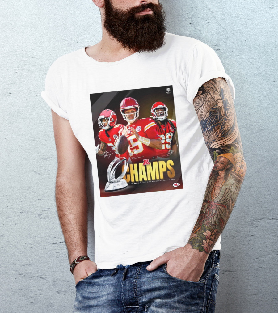 Kansas City Chiefs AFC Champs Nikko Remigio Patrick Mahomes II Kareem Hunt Signatures T-Shirt