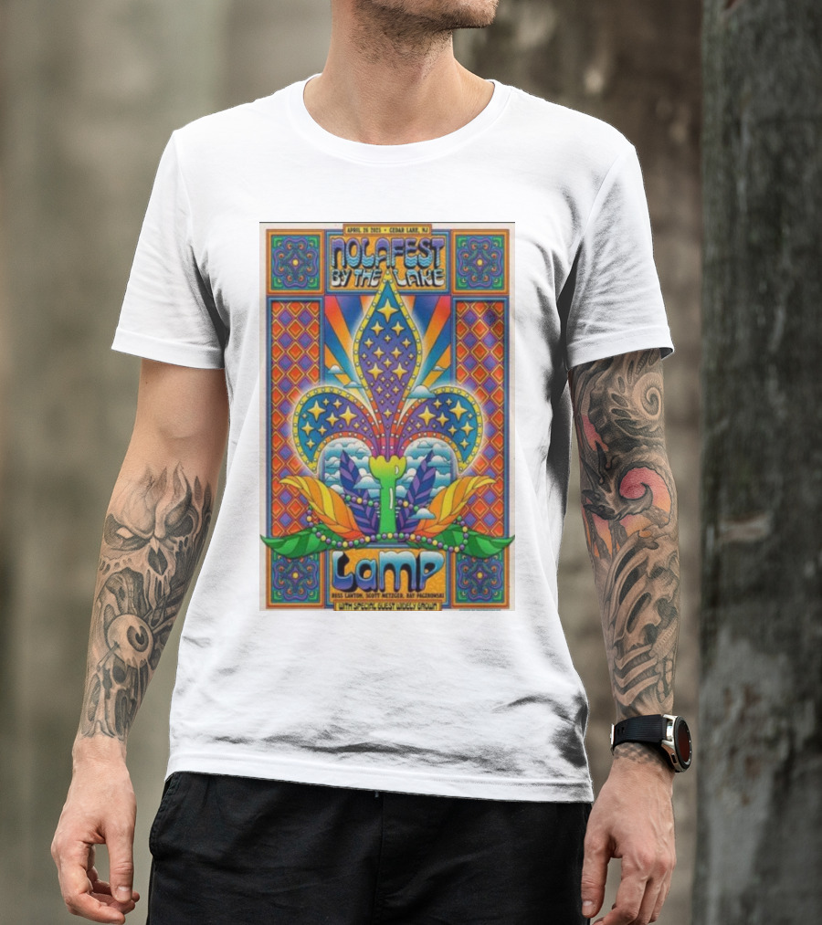 Nolafest By The Lake Lamp Cedar Lake NJ April 26 2025 Fleming Fleur-de-Lis Psychedelic Art Style T-Shirt