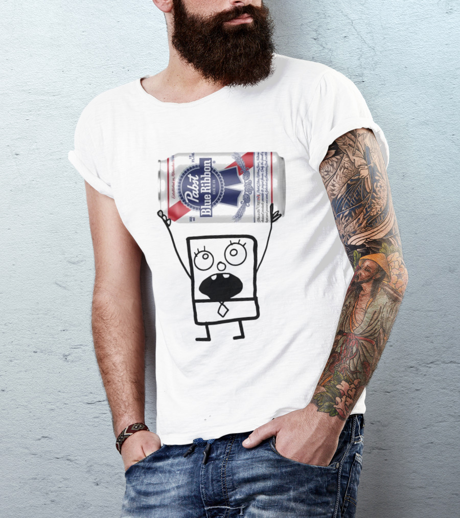 Pabst Blue Ribbon Doodlebob SpongeBob SquarePants Canned Beer Character T-Shirt