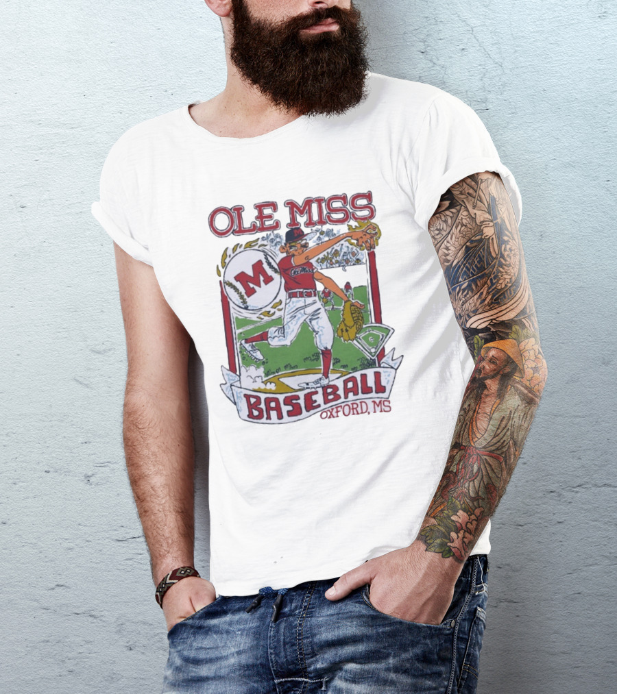 Ole Miss Baseball Oxford MS Pitcher Illustration With M Logo T-Shirt