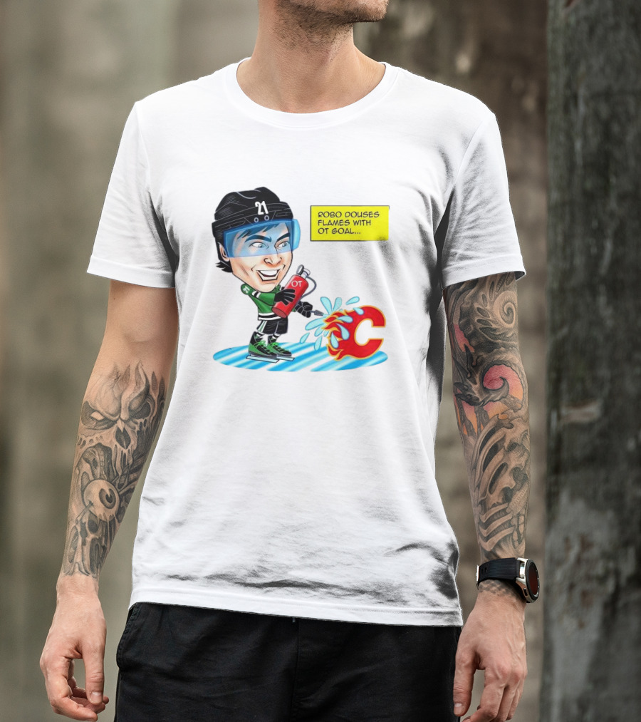 Robo Douses Flames With OT Goal Hockey Player Cartoon Extinguishing Calgary Flame Logo T-Shirt