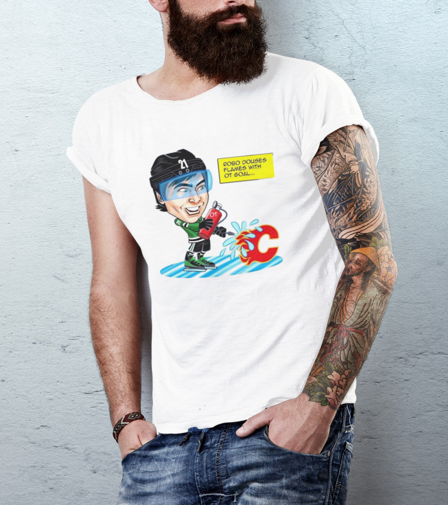 Robo Douses Flames With OT Goal Hockey Player Cartoon Extinguishing Calgary Flame Logo T-Shirt
