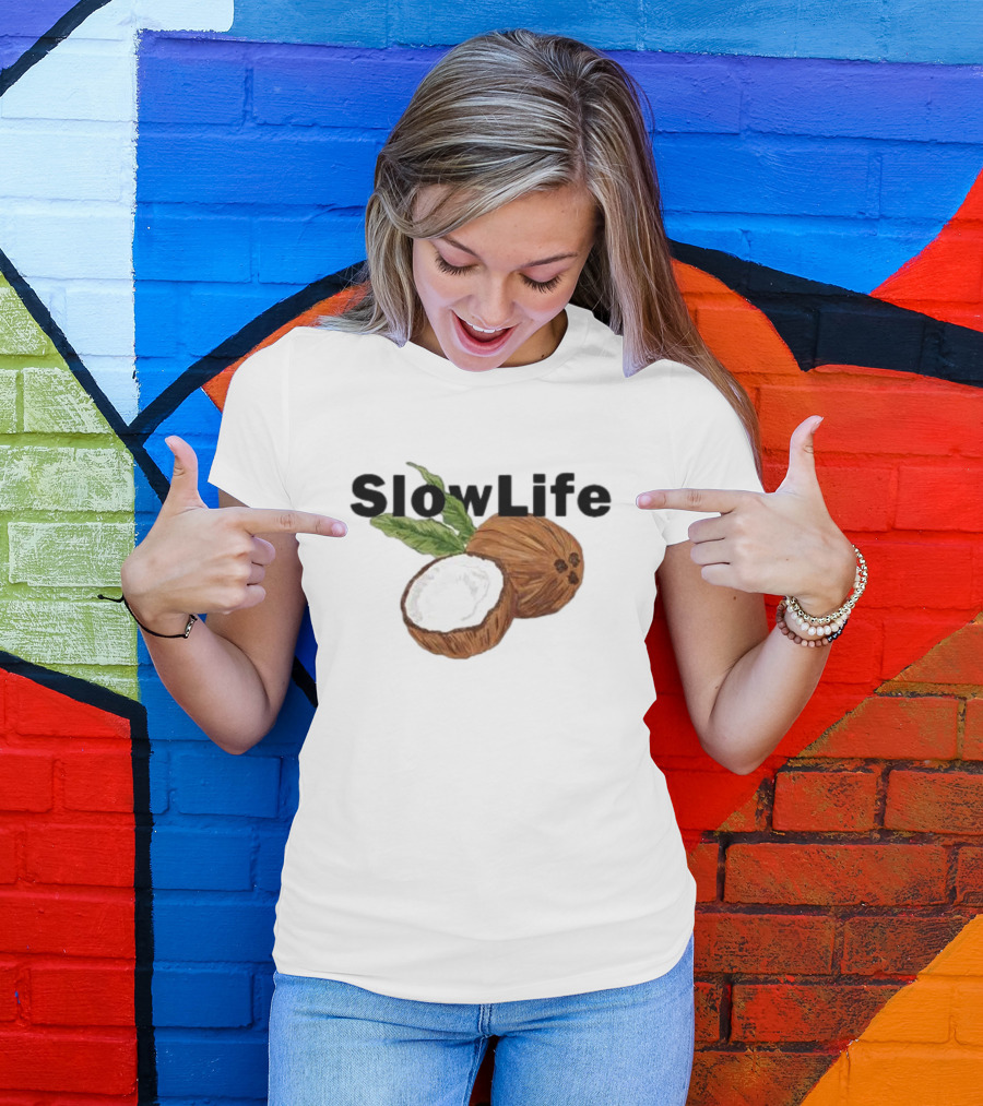 Slow Life Coconut Illustration With Text And Leaves T-Shirt