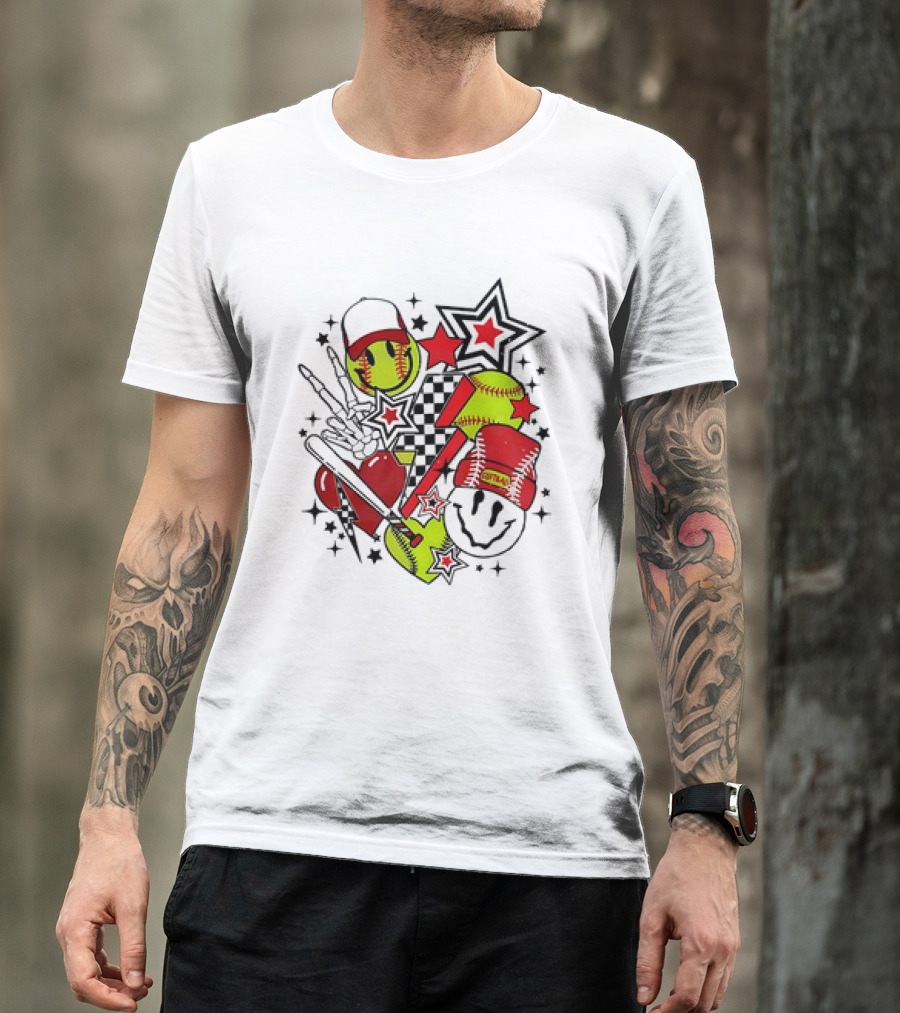 Softball Smiley Face Devil Cap Bats And Stars Retro T-Shirt