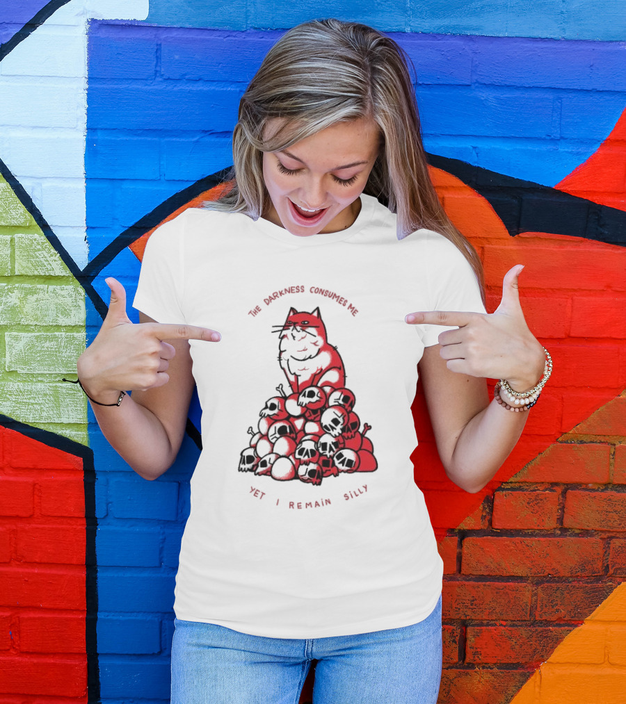 The Darkness Consumes Me Yet I Remain Silly Red Cat Bats Skulls T-Shirt