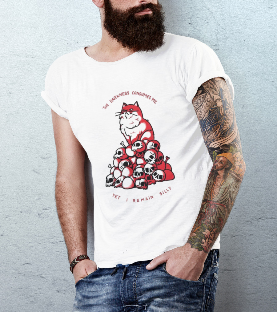 The Darkness Consumes Me Yet I Remain Silly Red Cat Bats Skulls T-Shirt