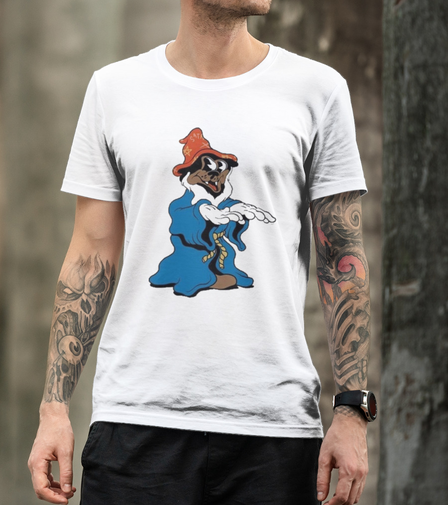 The Dudes It’s All Wavy Wizard Dog In Blue Robe With Orange Star Hat T-Shirt