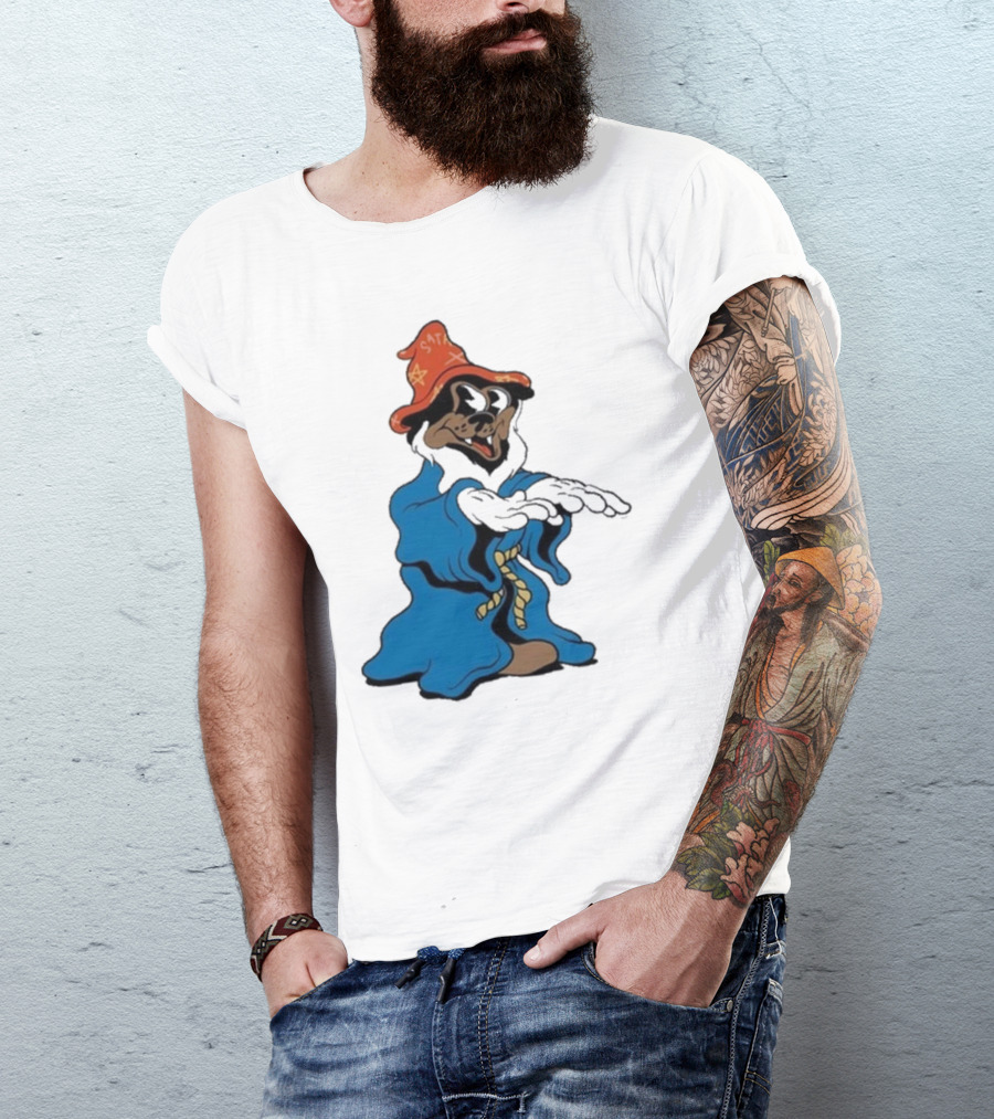 The Dudes It’s All Wavy Wizard Dog In Blue Robe With Orange Star Hat T-Shirt