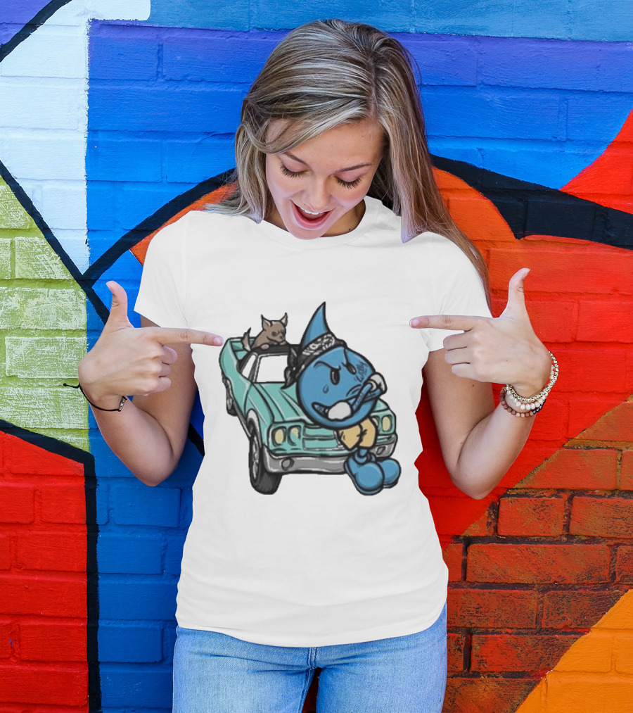 Thornhill Bat White Blue Cartoon Character With Dog In Classic Car T-Shirt