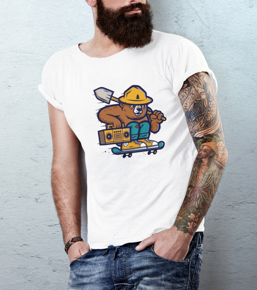 ```Wildfire Relief Bear Skateboarding With Boombox And Shovel``` T-Shirt