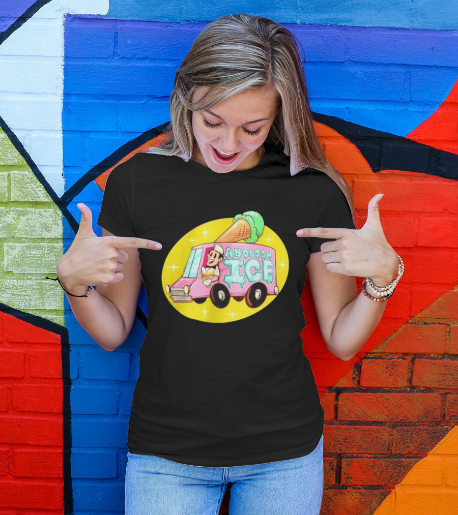 Abolish Ice Pink Ice Cream Truck With Melting Cone On Yellow T-Shirt