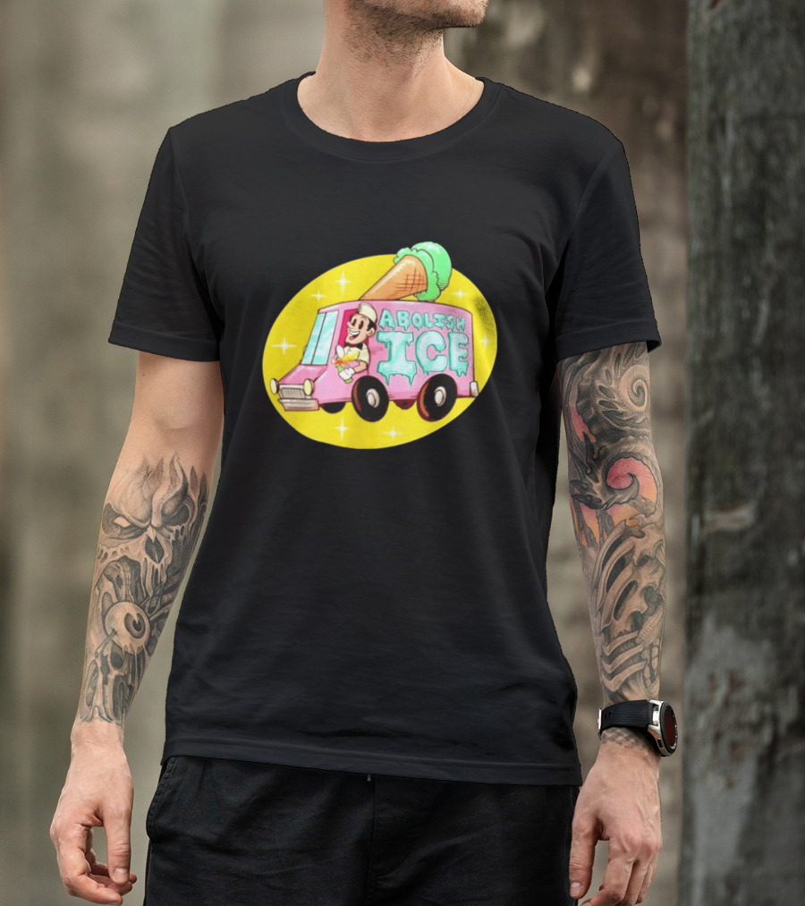 Abolish Ice Pink Ice Cream Truck With Melting Cone On Yellow T-Shirt