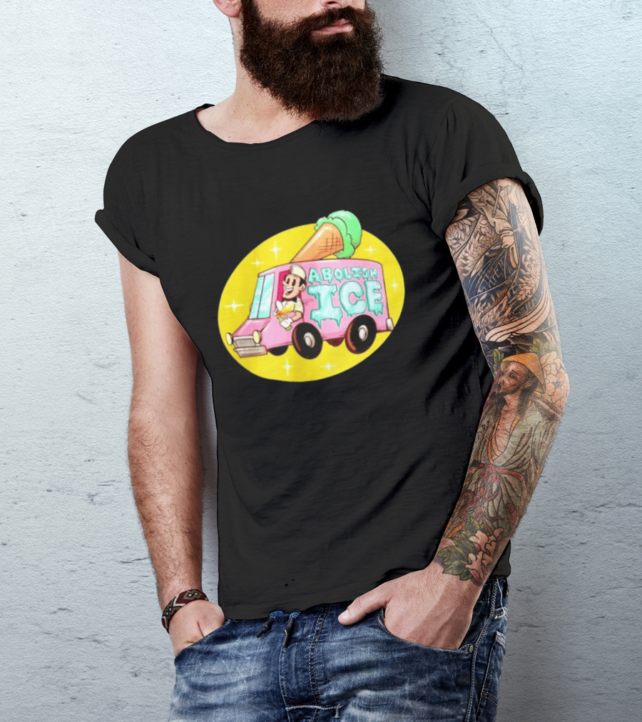 Abolish Ice Pink Ice Cream Truck With Melting Cone On Yellow T-Shirt