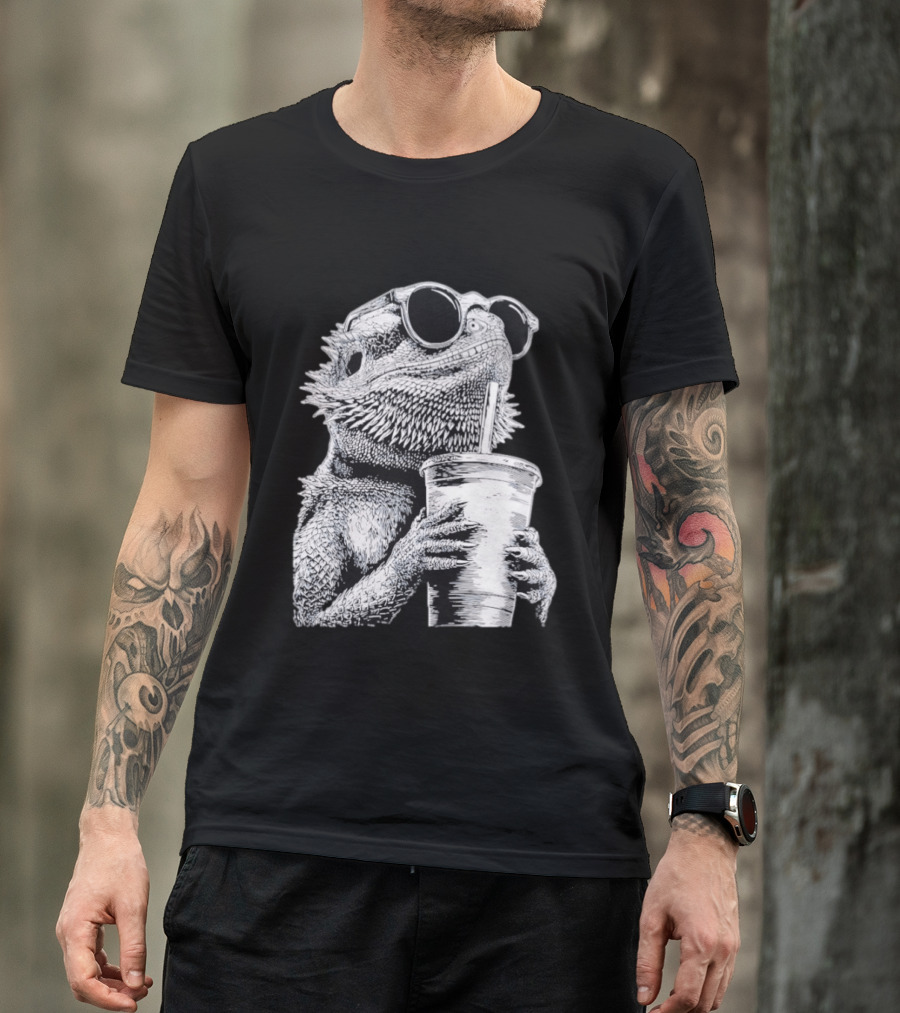 Bearded Dragon With Sunglasses Drinking Iced Coffee T-Shirt