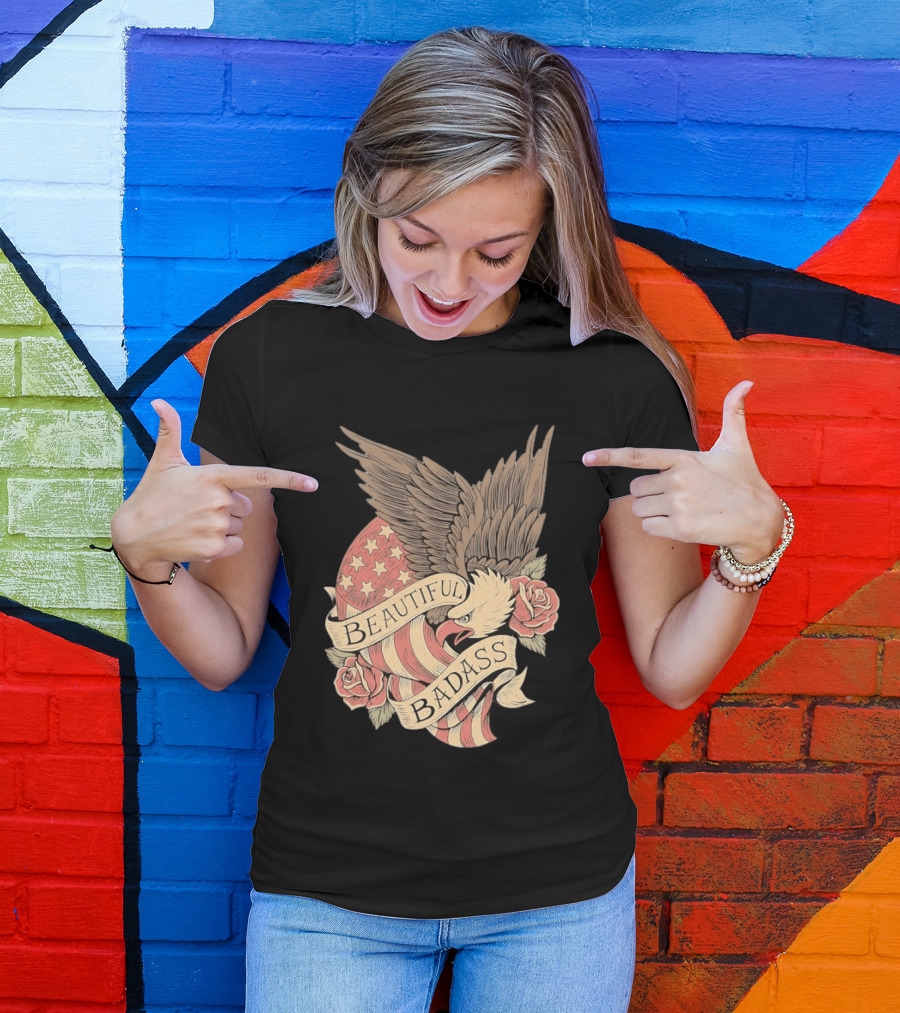 Beautiful Badass Eagle With American Flag And Roses T-Shirt