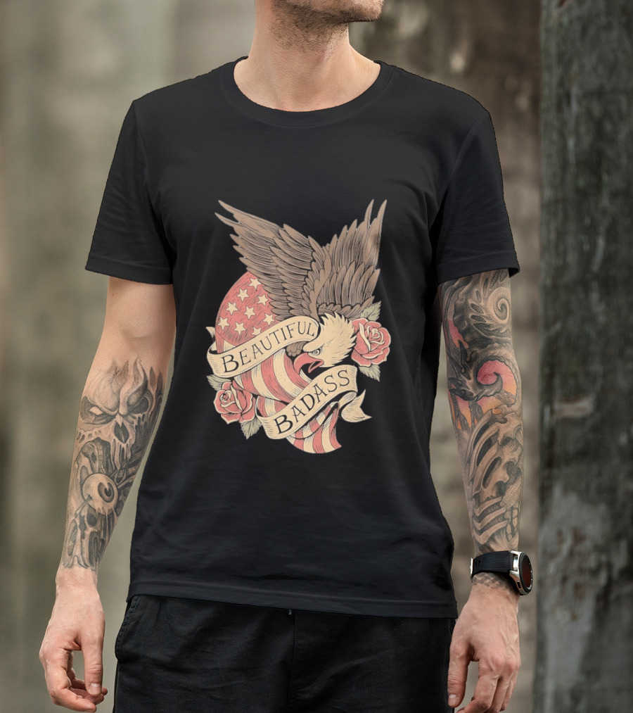 Beautiful Badass Eagle With American Flag And Roses T-Shirt