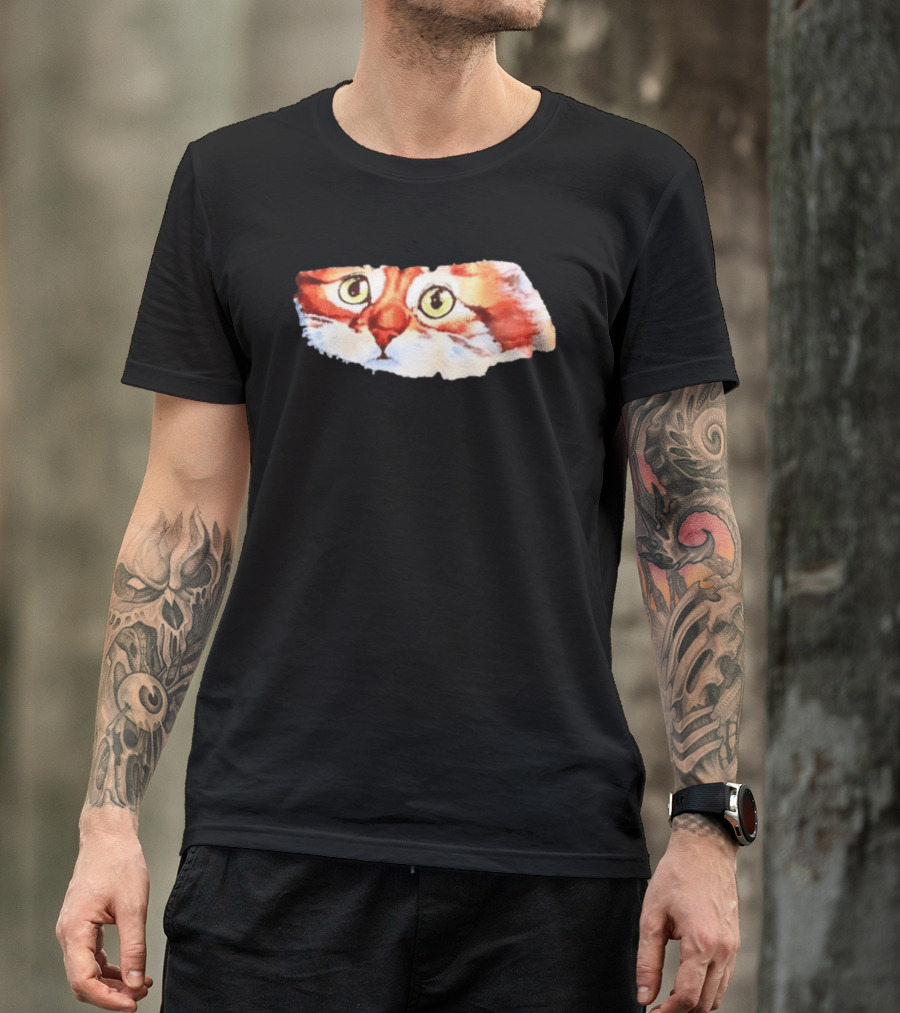 Watercolor Ginger Cat Face Green Eyes Close Up T-Shirt