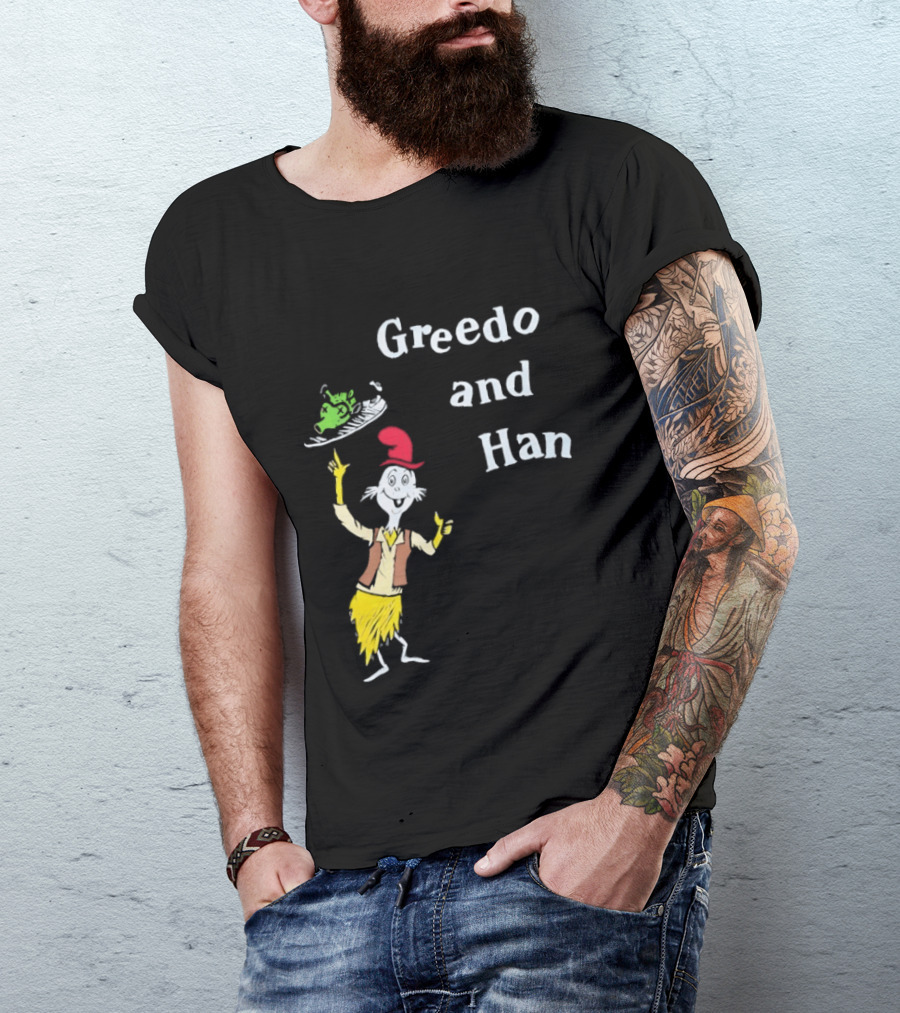 Greedo And Han Whimsical Cartoon Character Balancing Act T-Shirt