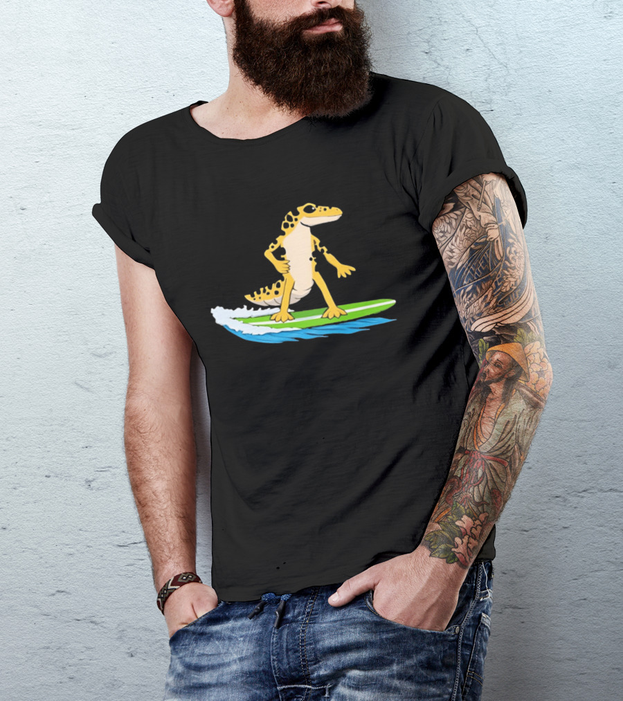 Leopard Gecko Yellow Lizard Riding Surfboard T-Shirt