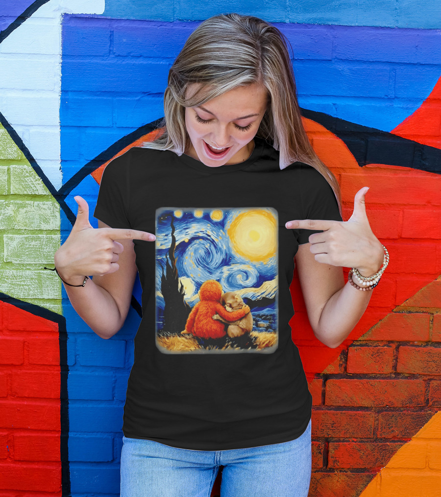 Punch Kun Panchi Kun Van Gogh Monkey Punch Starry Night Hugging Scene T-Shirt