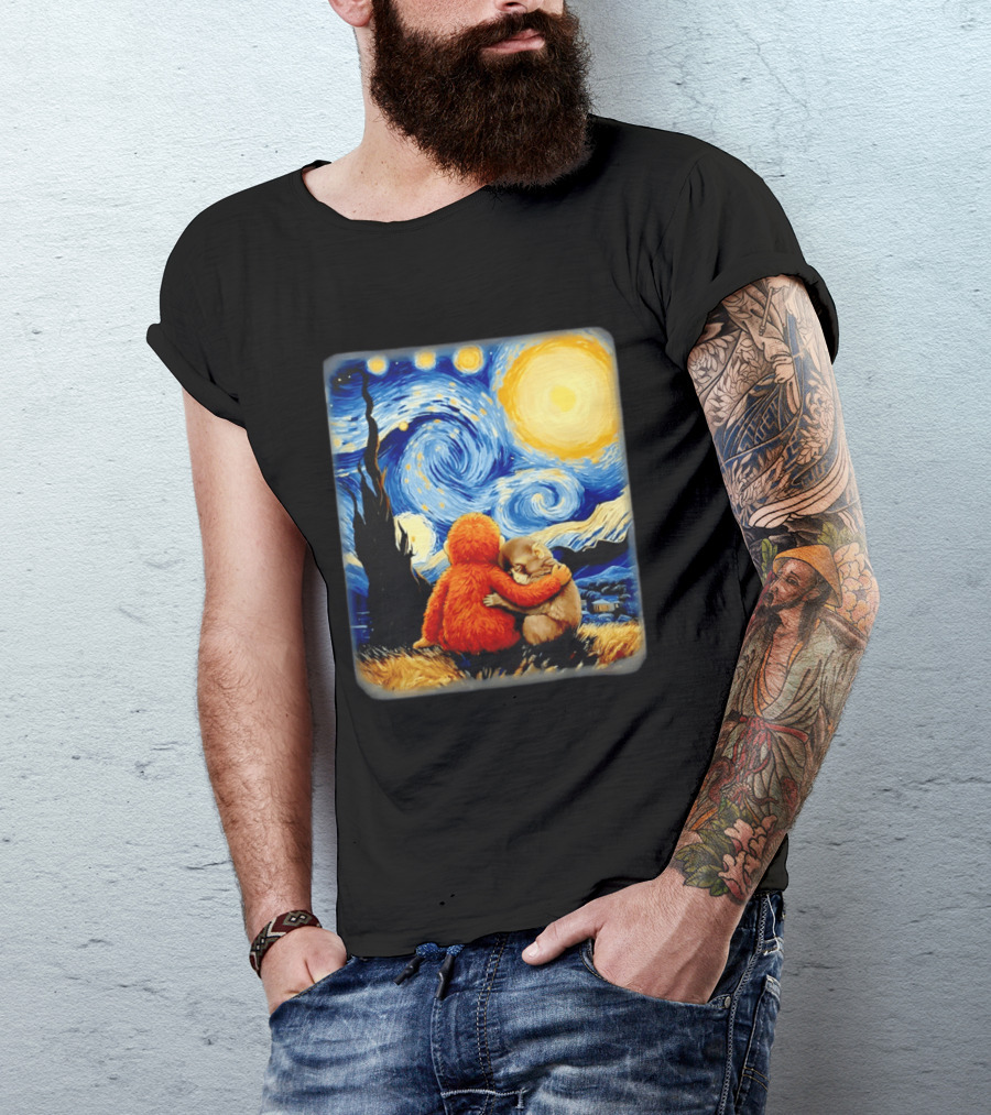 Punch Kun Panchi Kun Van Gogh Monkey Punch Starry Night Hugging Scene T-Shirt