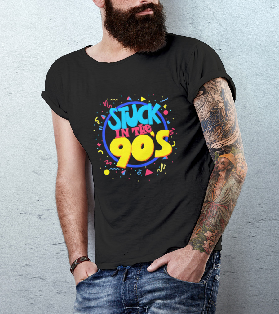 Stuck In The 90s Colorful Retro Vibes With Bold Typography And 90s T-Shirt